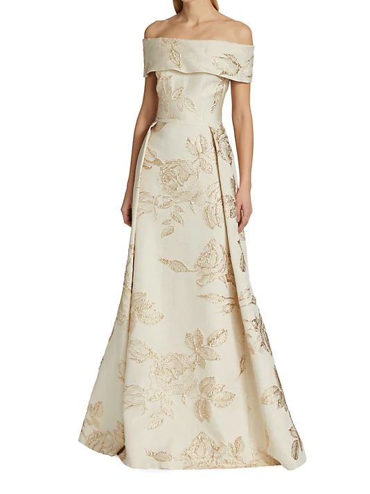 Jacquard Gown, Gown Gold, Teri Jon, Mother Of Groom Dresses, Designer Evening Gowns, Floral Dresses Long, Floral Jacquard, Gowns Of Elegance, Gowns With Sleeves