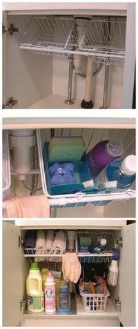 there are two shelves that have cleaning products in them