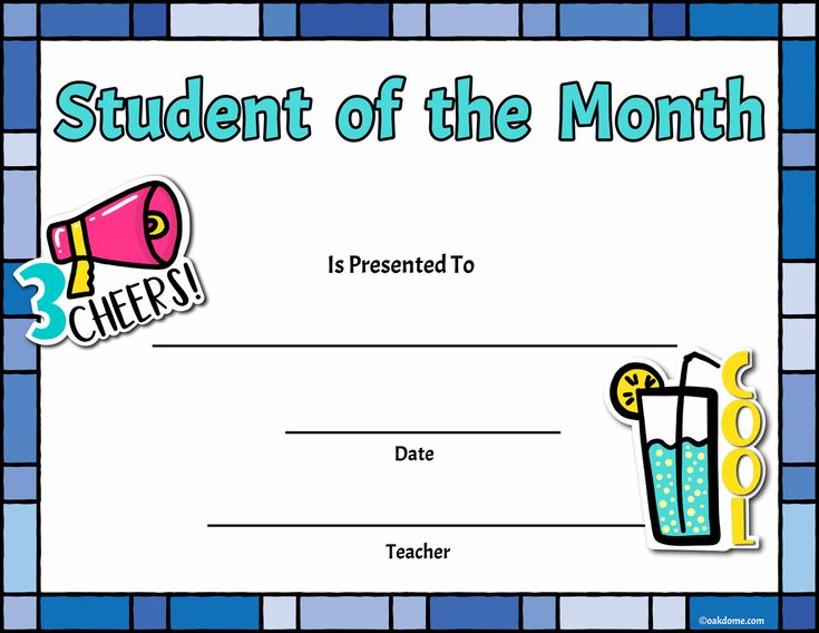 a student of the month certificate with two glasses and a megaphone on top of it