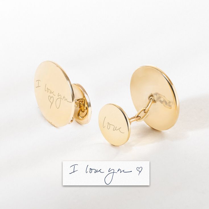 Elevate style with sentimentality through our Your Handwriting Cuff Links in 14k Solid Gold. These personalized cufflinks immortalize memories, making them ideal wedding, anniversary, or birthday gifts for men.  Crafted in yellow, rose, or white gold, these signature cufflinks redefine elegance. Embrace the uniqueness of engraved handwriting on chain link or swivel back cufflinks.  Transform moments into heirlooms. Capture your love, gift now. ★ D E T A I L S ☆ Metal: Real Solid gold ☆ Available Affordable Gold Cufflinks For Gifts, Yellow Gold Cuff Jewelry For Anniversary, Signature 14k Gold Wedding Jewelry, Timeless White Gold Cufflinks For Anniversary, Timeless Yellow Gold Cufflinks For Anniversary, Timeless Polished Finish Cufflinks For Wedding, Yellow Gold Round Cufflinks For Wedding, White Gold Cuff Jewelry For Anniversary, Hallmarked Yellow Gold Cufflinks For Wedding