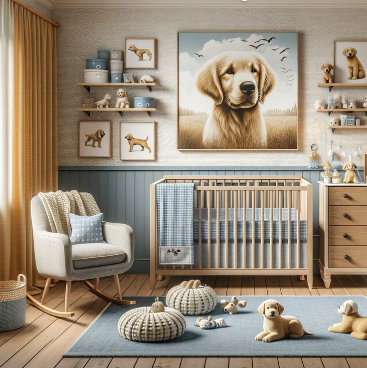 a baby's room decorated in blue and white with a dog painting on the wall