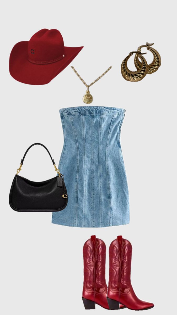 #ootd #outfit #red #country #countryoutfit #cowboy #cowgirl #denim #denimdress #boots #redboots #cowboyboots #gold #jewelry #goldjewelry #outfitstyle #concert #concertoutfit #concertootd #stylr Luke Bryan Concert Outfit, Calgary Stampede Outfits, Fsu Gameday Outfit, Stampede Outfit, Red Cowboy Boots Outfit, College Gameday Outfits, Outfit Botas, Look Boho Chic, Tailgate Outfit