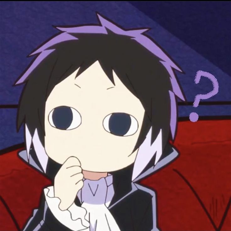 an anime character with black hair and blue eyes is sitting on a red couch looking at the camera