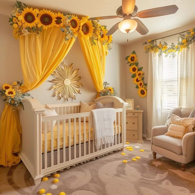 a baby's room with sunflowers on the ceiling and yellow drapes