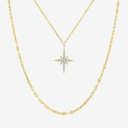 Elevate any ensemble with this women's 2-piece necklace set from the Yes, Please! collection. Crafted from 14K Gold Over Silver, it features a shorter chain with a star pendant accented with round-cut Lab-Grown Diamonds styled with a longer chain for an on-trend layered look. # Pieces In Set: 2Features: Adjustable, In A Gift Box, Celestial JewelryDiamond Clarity: I1-I2Jewelry Closure: Spring Ring ClaspSetting: ProngShape: StarStone Cut: RoundDiamond Color: G-HMetal Color: YellowChain Length: 16 Silver Star Necklace, North Star Necklace, Star Necklace Silver, Necklace Sets, Celestial Jewelry, Yes Please, Diamond Fashion, North Star, Watch Necklace