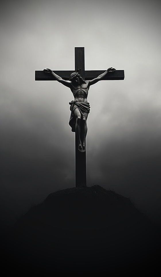 a black and white photo of jesus on the cross