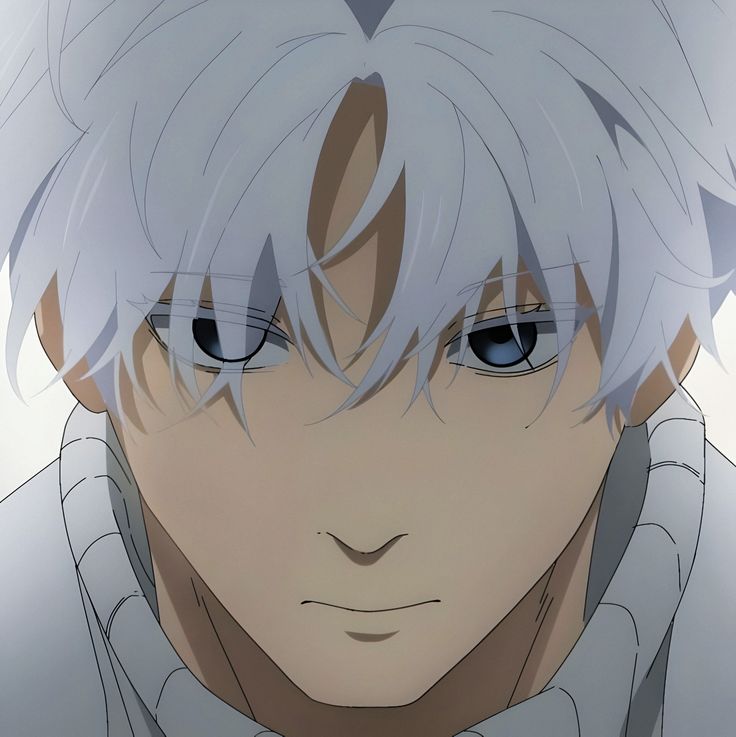 an anime character with white hair and blue eyes