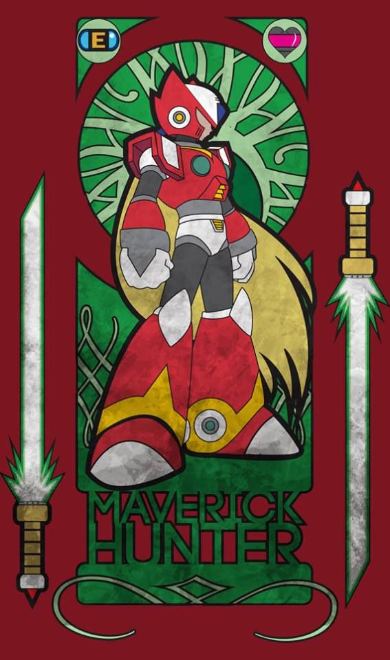 an image of a cartoon character with two swords in front of the text,'maverick hunter '