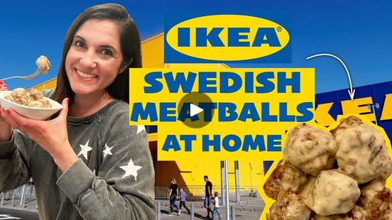 a woman holding a bowl of food in front of a swedish meatball shop sign