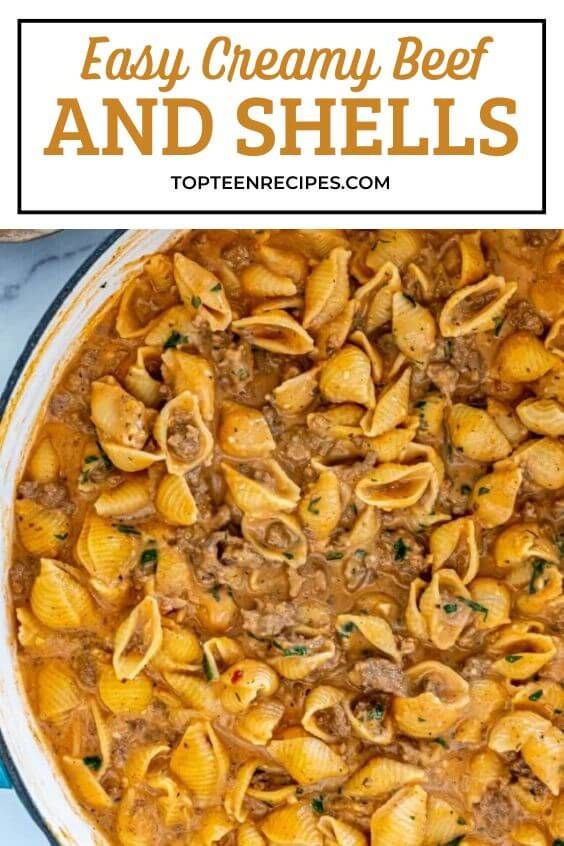 an easy creamy beef and shells casserole in a white dish with text overlay