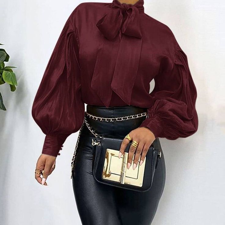 Elegant Bow Collar Long Puff Sleeve Loose Office Blouse Shirt Office Blouse, Office Women, Loose Tunic, Girls Boutique Clothing, Bow Shirts, Elegant Office, Bow Collar, The Office Shirts, Blouse Material