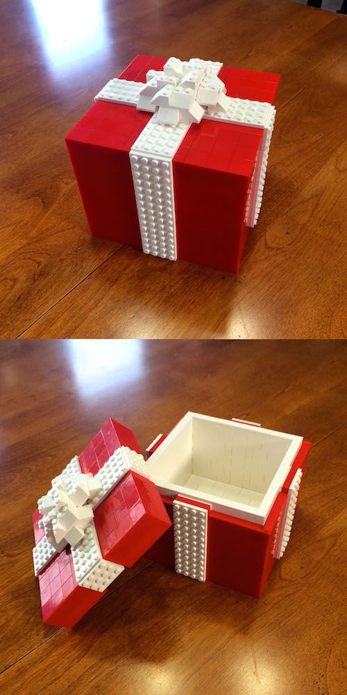 two pictures of red boxes with white bows on them, one is open and the other has