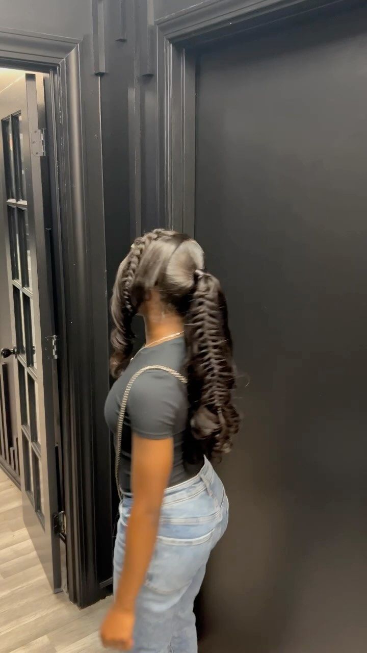 @Arianalexisss | Mid high ponytail w/ feather braids & bang 😍🔥 | Instagram High Ponytail With Two Bangs, Two High Braided Ponytails, Mid High Ponytail, Bang With Ponytail, Feather Braids, Curled Bangs, Curled Ponytail, Bangs Ponytail, Mommy And Baby Pictures