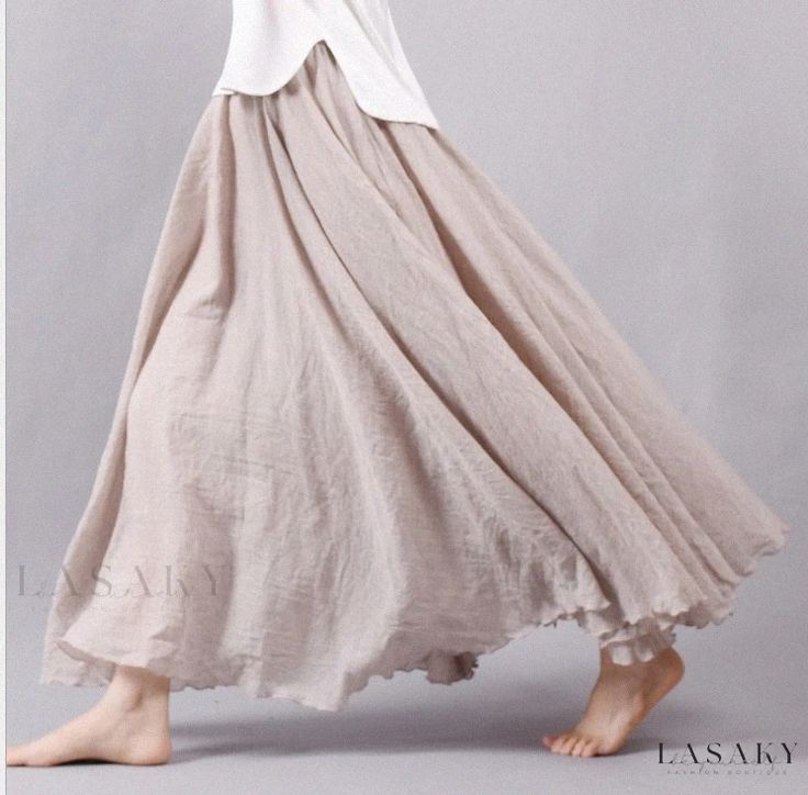 Lasaky - Artistic Loose Linen-Cotton Elastic Waist Midi Skirt with Solid Color and Flowy Hemline Maxi Skirts Summer, Maxi Skirt Style, Body Skirt, Wrap Around Dress, Pleated Maxi Skirt, Half Skirt, Linnet, Linen Skirt, Maxi Gowns