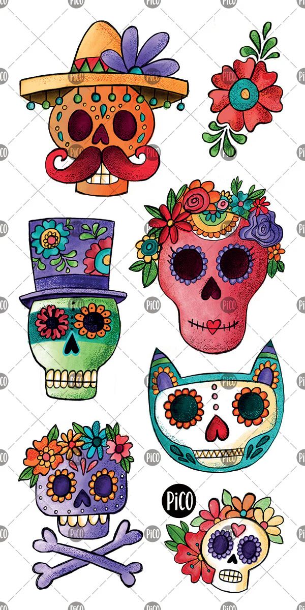 skulls with flowers and hats on their heads are shown in different colors, sizes and shapes