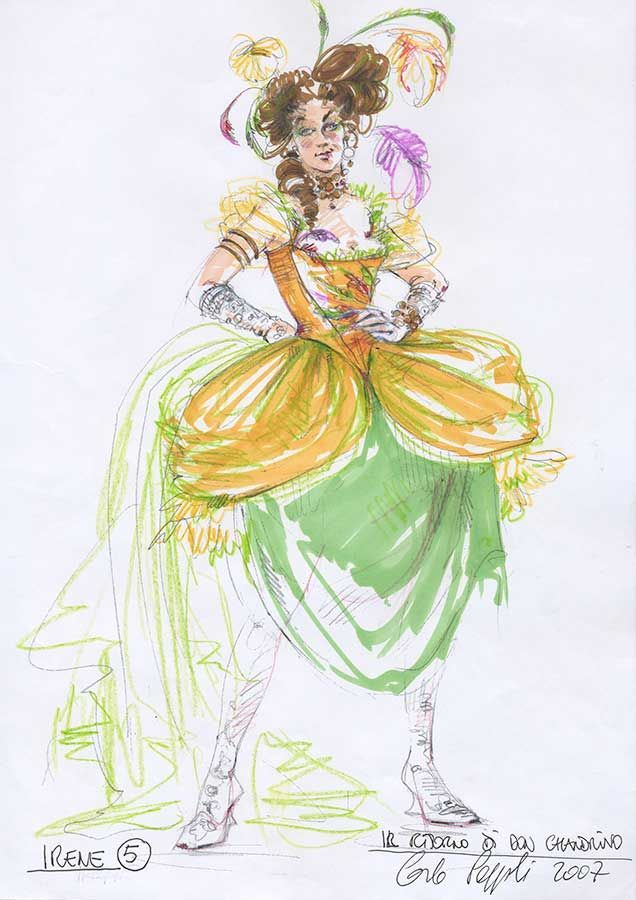 a drawing of a woman dressed in green and yellow