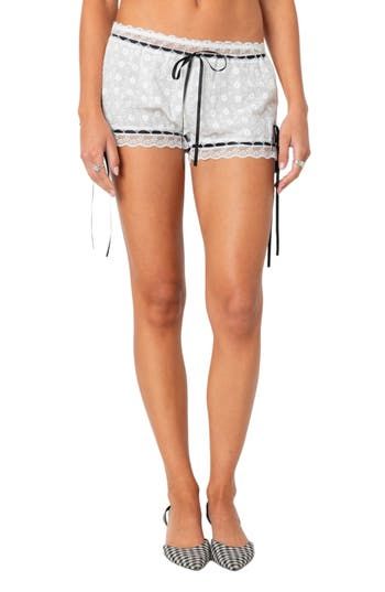 These barely there shorts are cut from dainty cotton eyelet and styled with contrast ribbon ties. Elastic waist 100% cotton Machine wash, dry flat Imported Cotton Pajama Shorts With Lace Trim For Spring, White Cotton Bottoms With Eyelet Details, Cotton Shorts With Lace Trim, Short Cotton Bottoms With Lace Trim, Cotton Lace Trim Short Bottoms, Cotton Lace Trim Shorts For Daywear, Cotton Shorts With Lace Trim For Daywear, Cotton Lace Trim Shorts, Cotton Pajama Shorts With Lace Trim