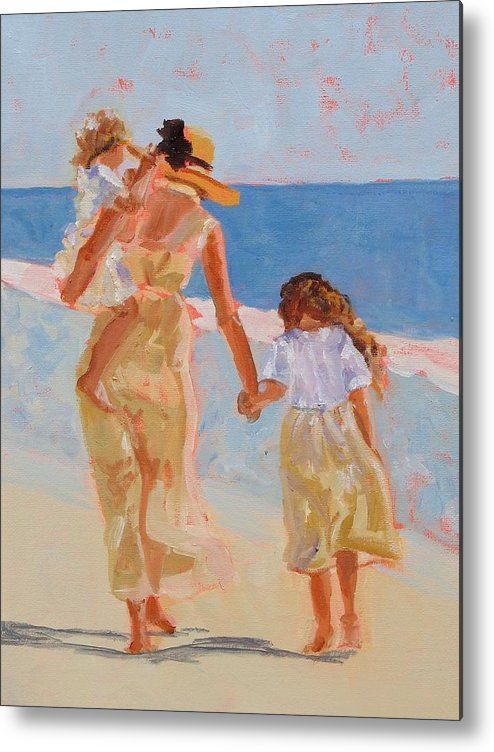 an oil painting of a mother and daughter walking on the beach