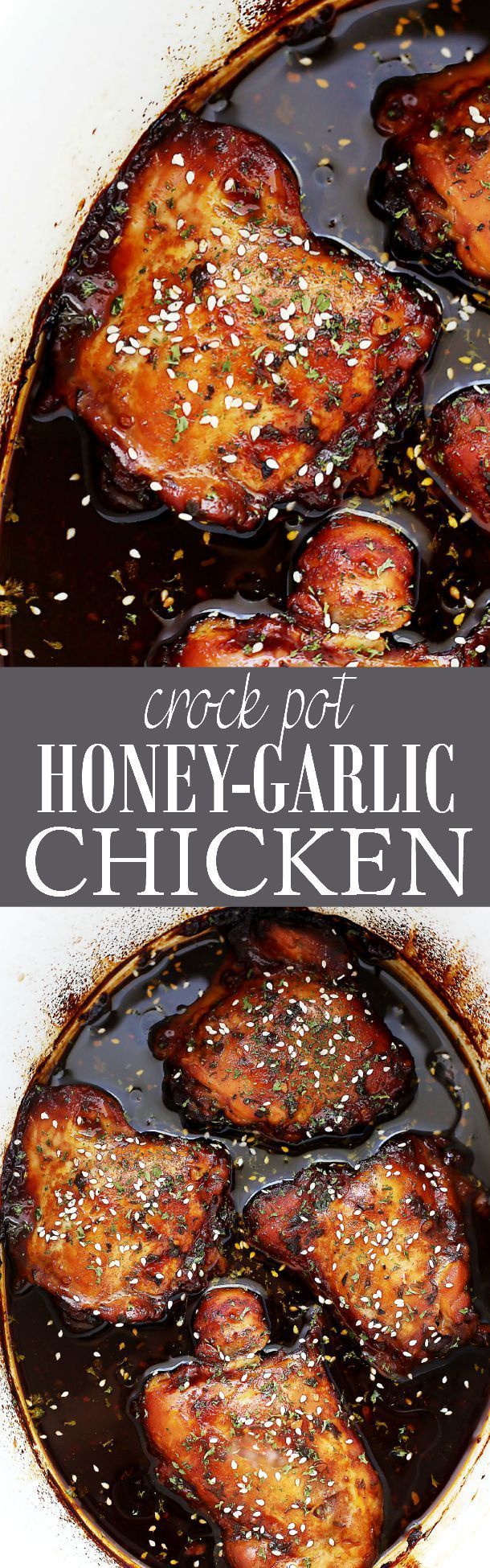 honey garlic chicken in a skillet with text overlay