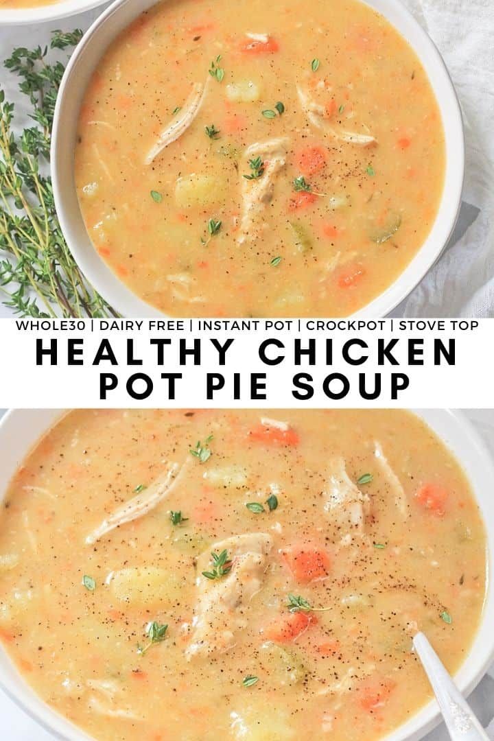 two bowls of healthy chicken pot pie soup