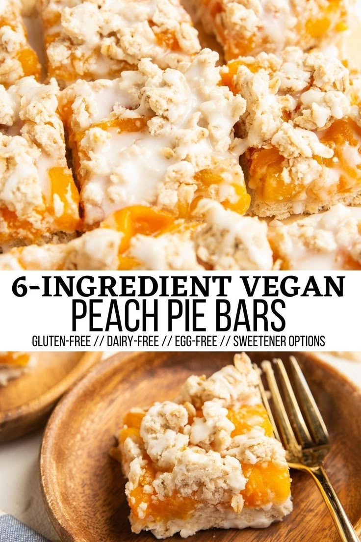 six ingredient vegan peach pie bars on a wooden plate