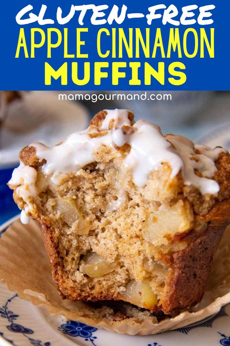 a close up of a muffin on a plate with the text gluten - free apple cinnamon muffins