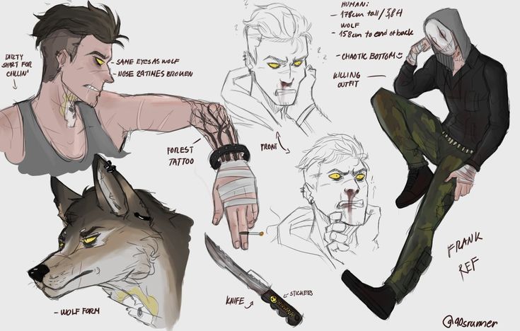 an image of a man with different facial expressions and his wolf friend holding a knife