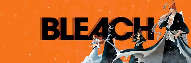 an orange background with the words bleach and two women in black dresses standing on top of each other