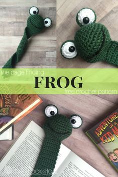 crocheted frog bookmarks with eyes and nose made out of an open book