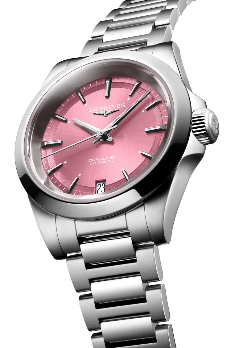 Clean, straightforward design defines a bold timepiece crafted with precise Swiss movement. 34mm case Deployant clasp closure Swiss automatic movement Date window Water-resistant to 10 ATM (100 meters) Sapphire crystal face Stainless steel Swiss made Classic Pink Watch With Round Dial, Classic Pink Watch With Rectangular Dial, Classic Pink Watches With Rectangular Dial, Pink Chronograph Watch For Formal Occasions, Classic Pink Round Watch, Modern Pink Chronograph Watch, Pink Round Watches With Subdials, Elegant Pink Watches With Date Indicator, Elegant Pink Watch With Date Indicator