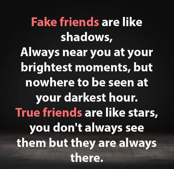 a quote with the words fake friends are like shadows always near you at your brightest moments, but nowhere to be seen at your darkest hour