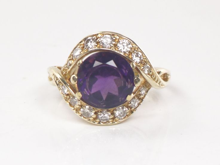 Vintage 14k Gold Natural Amethyst Ring with Diamonds - Purple February Birthstone Ring - Size 5 14k Gold Purple Halo Setting Ring, Purple Amethyst Ring With Gemstone Accents, Fine Jewelry Purple Round Gemstones, Heirloom Multi-stone Purple Amethyst Ring, Purple Round Gemstones In 14k Gold, Purple Gemstones In 14k Gold, Round Shaped, 14k Gold Multi-stone Purple Amethyst Ring, 14k Gold Amethyst Ring With Gemstone Accents, 14k Gold Round Amethyst Ring With Gemstone Accents