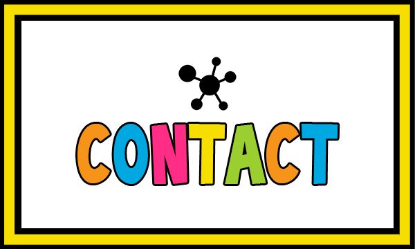 the word contact is written in multicolored letters on a black and white background