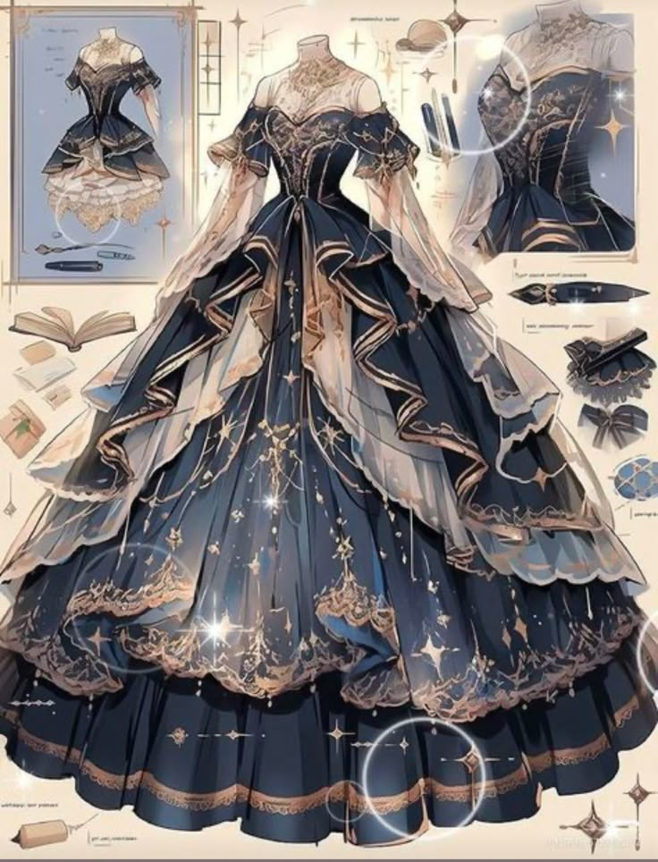 Fantasy Outfits Royal, Manhwa Ball Gown, Manhwa Gowns, Fantasy Attire, Gaun Abad Pertengahan, Manhwa Dresses, Dreamy Gowns, Dress Design Drawing, Fantasy Clothes