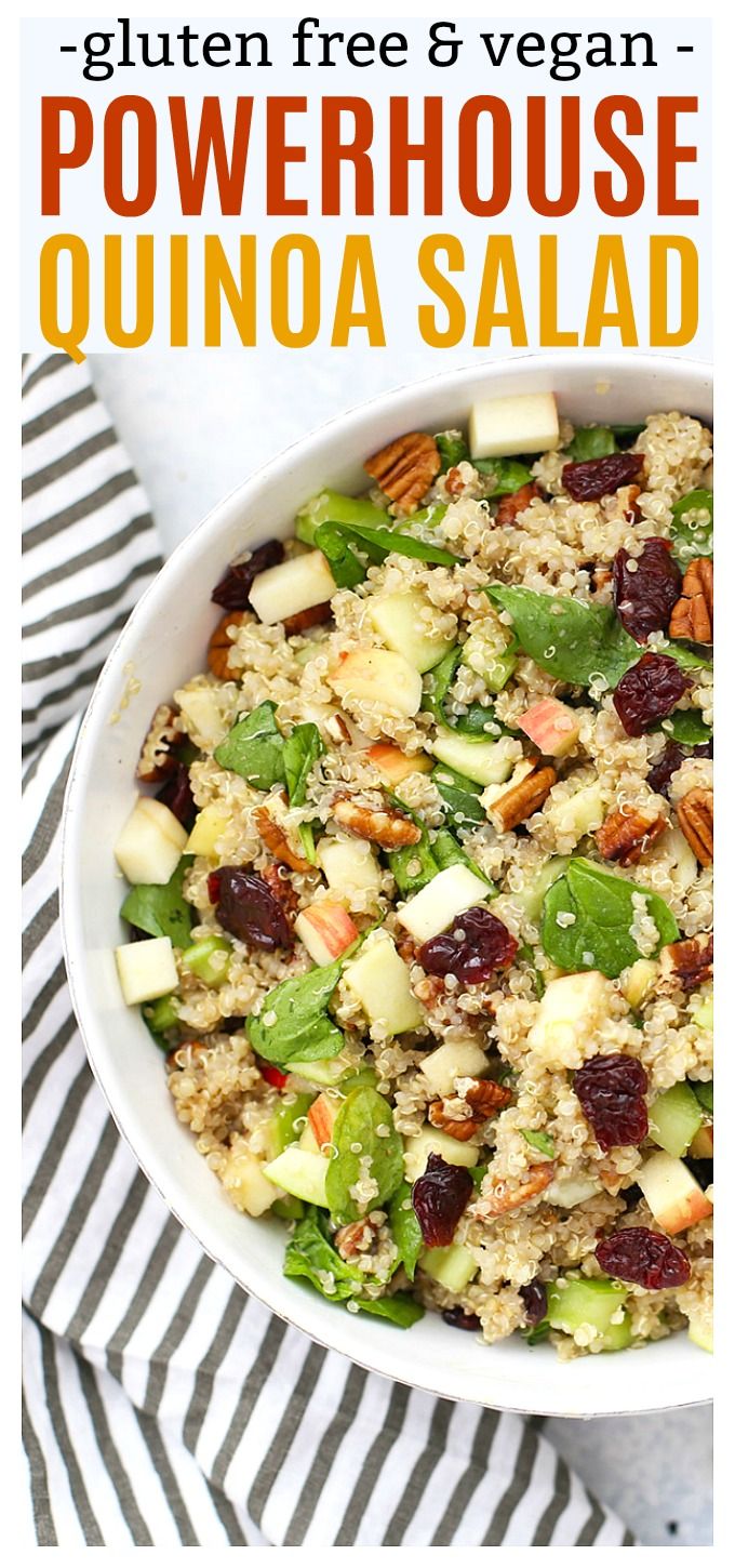 quinoa salad in a white bowl with text overlay