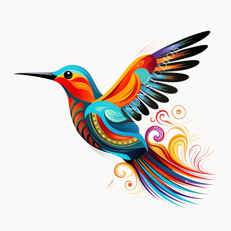 a colorful bird flying through the air with swirls on it's back legs