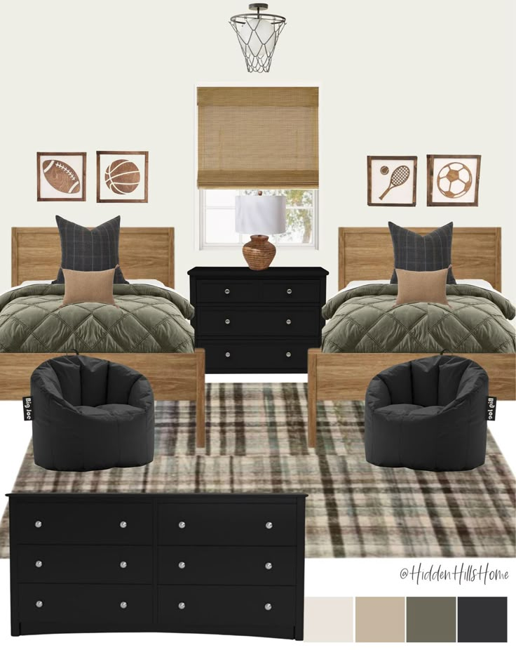 a bedroom is shown with black furniture and brown decor