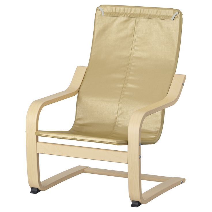 a chair that is made out of wood and has a beige fabric on the back