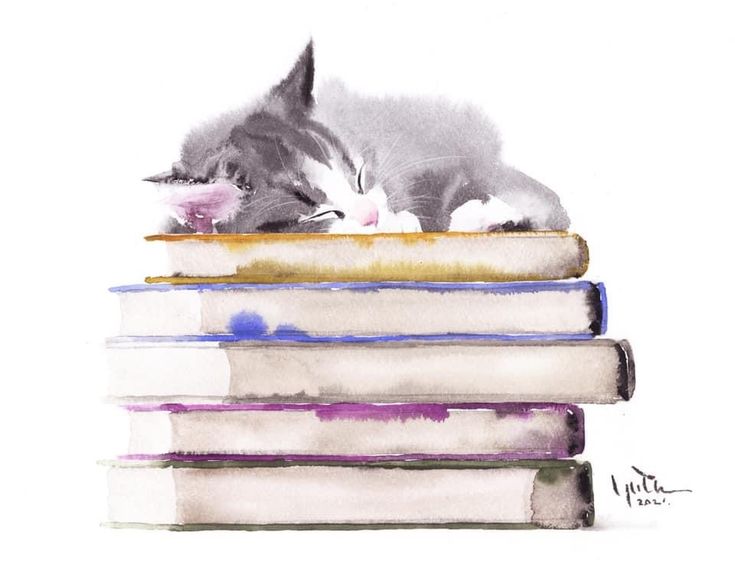 a watercolor painting of a cat laying on top of a stack of books with one paw on the book