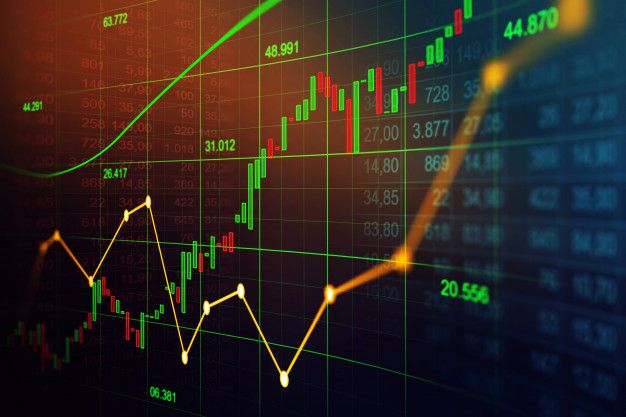 an image of a stock chart on the wall with candles in the forex room