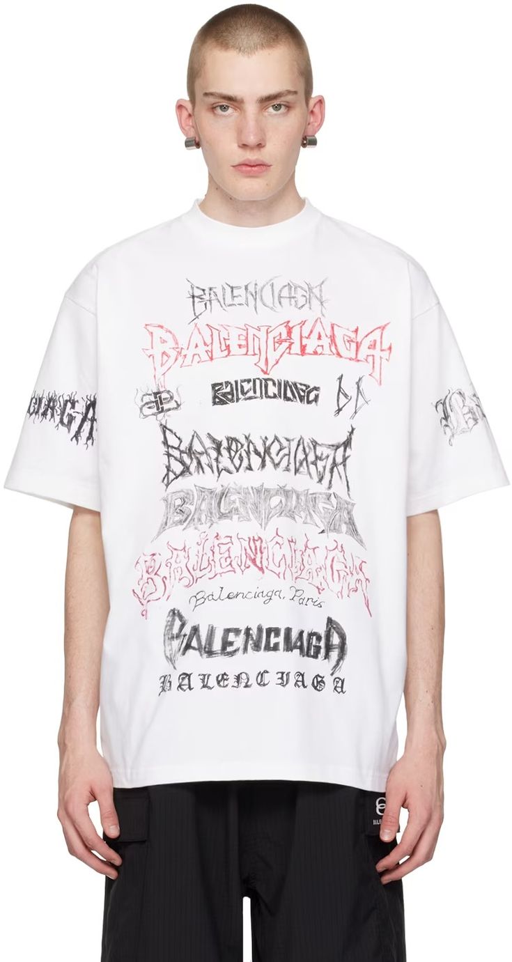 White DIY Metal T-Shirt by Balenciaga on Sale Balenciaga Graphic Tee, Balenciaga Shirt, Metal T Shirt, Balenciaga T Shirt, Photoshoot Video, Metal T Shirts, T Shirt Logo, College T Shirts, Mens Fashion Streetwear