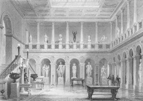 an old drawing of a building with statues on the walls