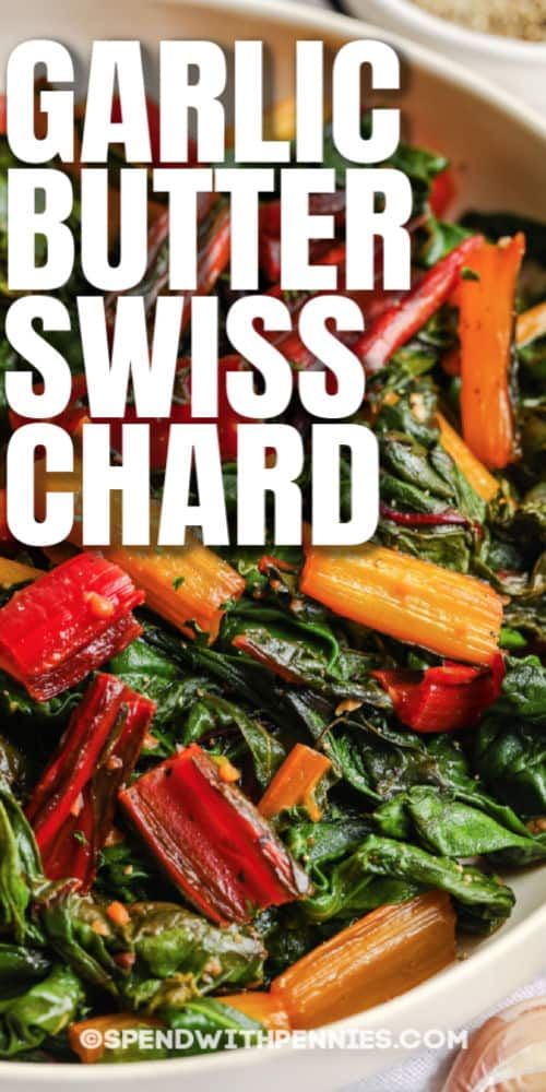 garlic butter swiss chard in a white bowl