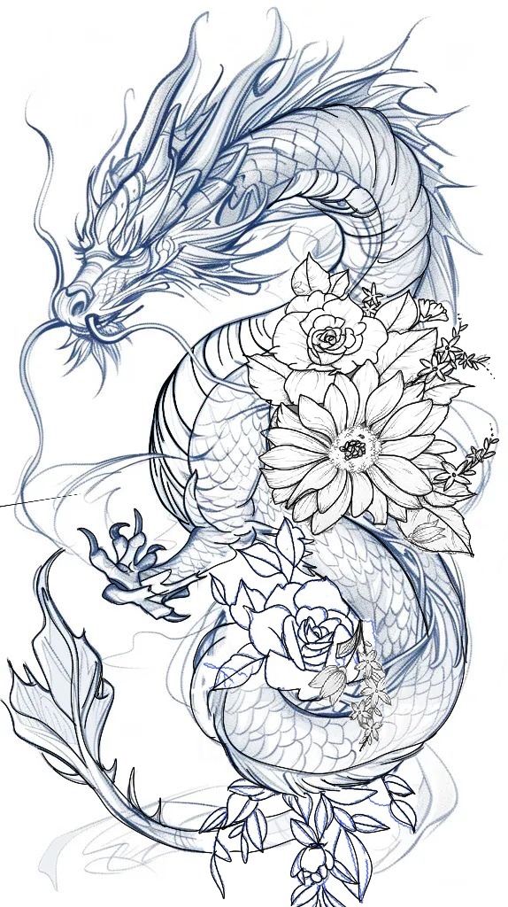 a dragon and flowers tattoo design