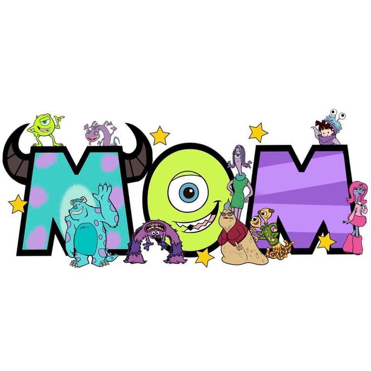 the word mom is surrounded by monsters and stars