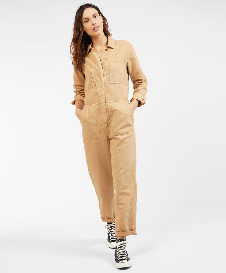 You won't find an easier outfit than this no-fuss jumpsuit that gets you dressed and out the door in seconds. An effortless 5-second outfit with all the utilitarian versatility for any outing. Yellow Jumpsuit, Coverall Jumpsuit, Jumpsuit Long, Tie Waist Pants, High Rise Style, Cotton Jumper, Linen Jumpsuit, Long Jumpsuits, Long Sleeve Jumpsuit