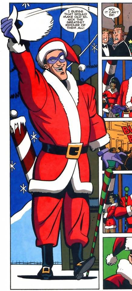 a cartoon character dressed as santa claus with his arms in the air and pointing at something