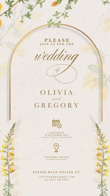 a wedding card with yellow flowers and greenery in the middle, on a white background