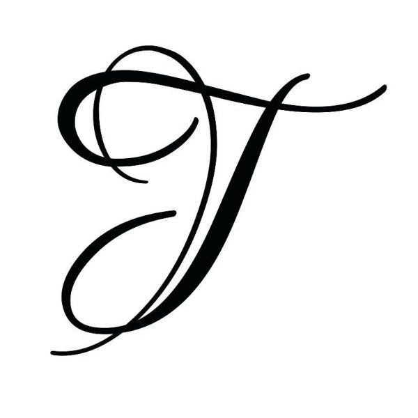 the letter t is made up of black ink and has an elegant design on it