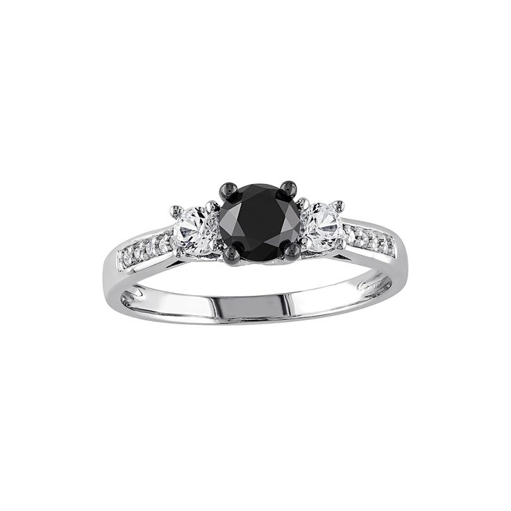 RING DETAILS Width: 6 mm Metal: 10k white gold, black rhodium-plated 10k white gold DIAMOND DETAILS Total weight: 4/5 ct. Center stone weight: 3/4 ct. Cut: round Color: black, white Color grade: G-H Clarity: I2-I3 Setting: prong, pave STONE DETAILS Stone type: lab-created white sapphire Total weight: 1/3 ct. Cut: round Setting: prong Image(s) may be enlarged to show detail.Diamond weights are approximate. Diamond total weights may vary between .01 and .08 ct. Some diamonds have fewer than 17 fac Timeless Black Diamond Anniversary Rings, Timeless Black Diamond Rings For Anniversary, Black Diamonds Round Promise Ring, Classic Wedding Rings With Black Diamonds, White Gold Promise Ring With Black Diamonds, White Gold Ring With Black Diamonds For Promise, Classic Rings With Black Diamonds And Cubic Zirconia, Elegant Black Diamond Round Cut Ring, Elegant Black Diamonds Round Cut Diamond Ring